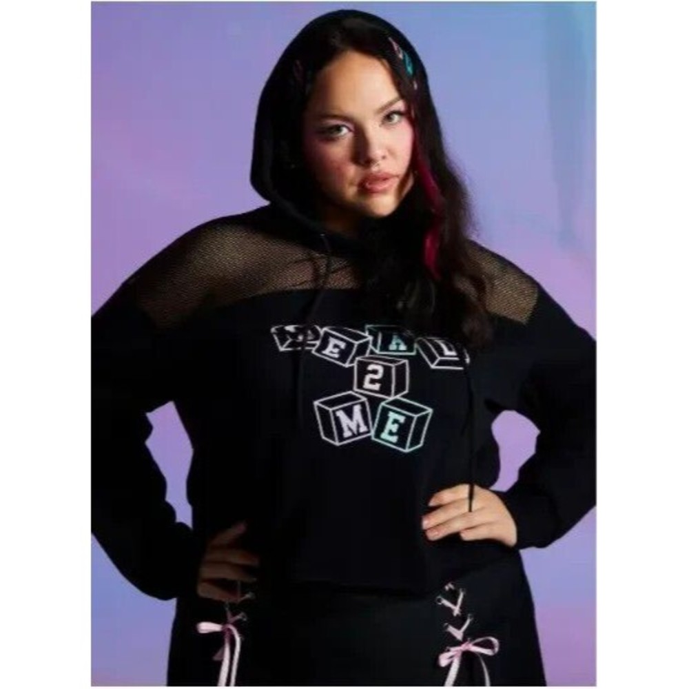 HOT TOPIC DEAD 2 ME MESH FISHNET BLACK CROP HOODIE WITH PASTEL BLOCKS SIZE SM